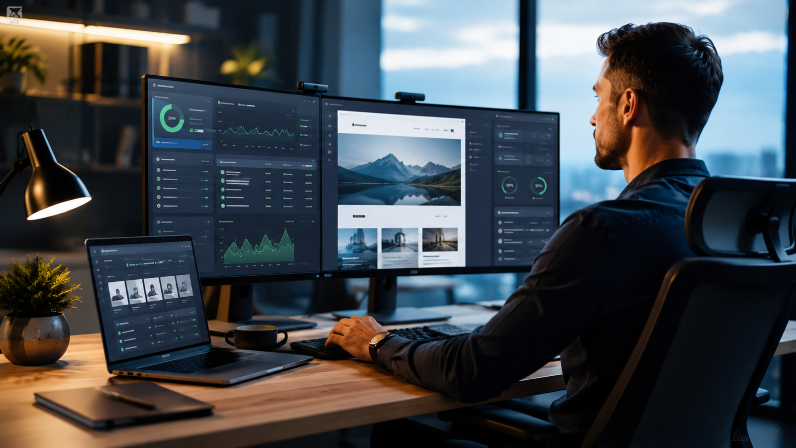 Remote website manager monitoring client websites on a multi-screen dashboard